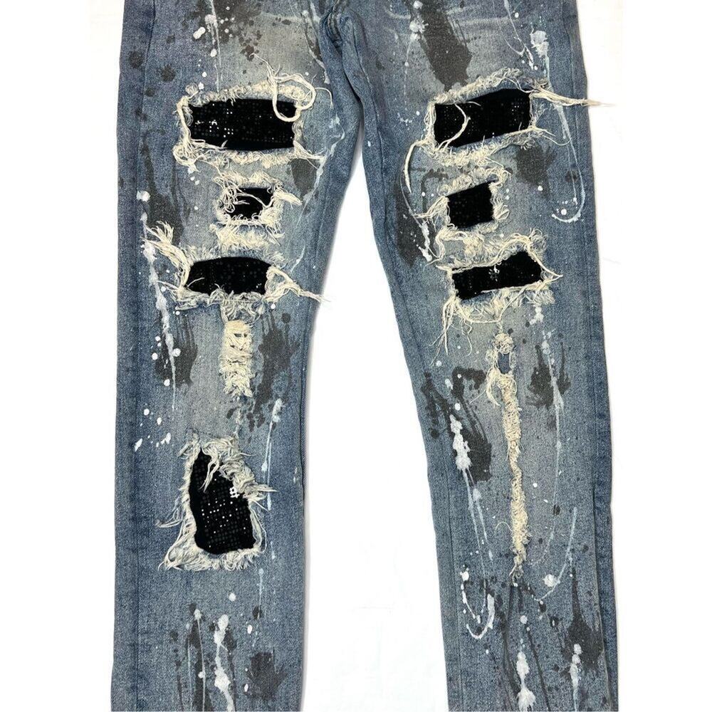 DNA Premium Painted Embellished Ripped Destroyed Blue Jeans 30 Streetwear Grunge - Picture 2 of 11